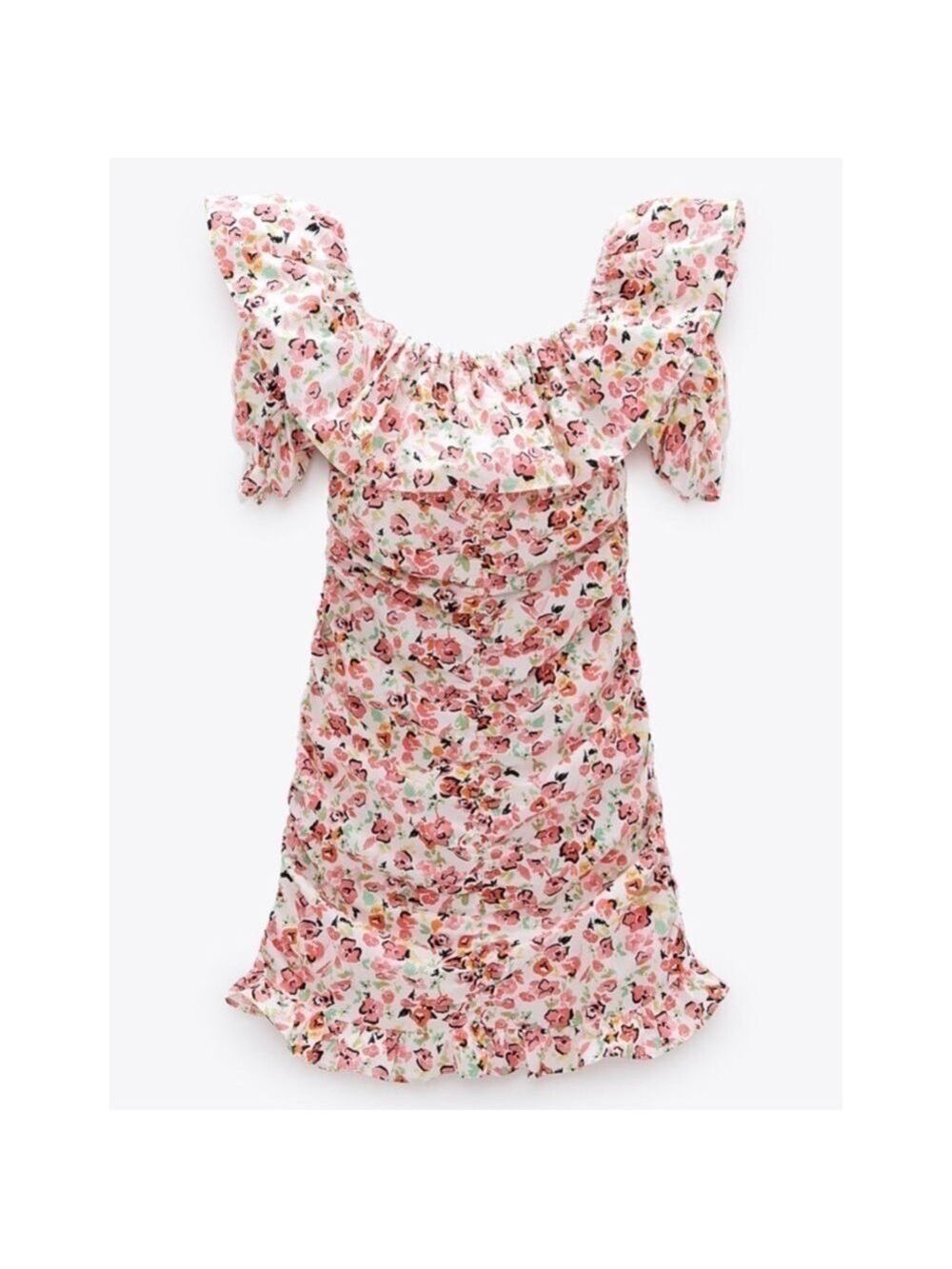 Zara Floral Ruffled Hem Ruched Mini Dress - Picture 2 of 12